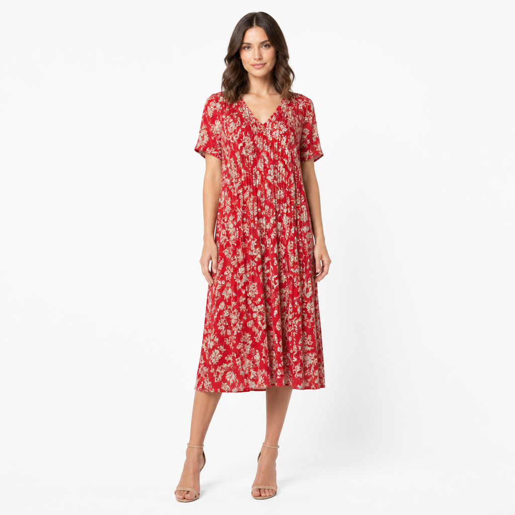 Red floral V-neck pleated short-sleeve midi front view