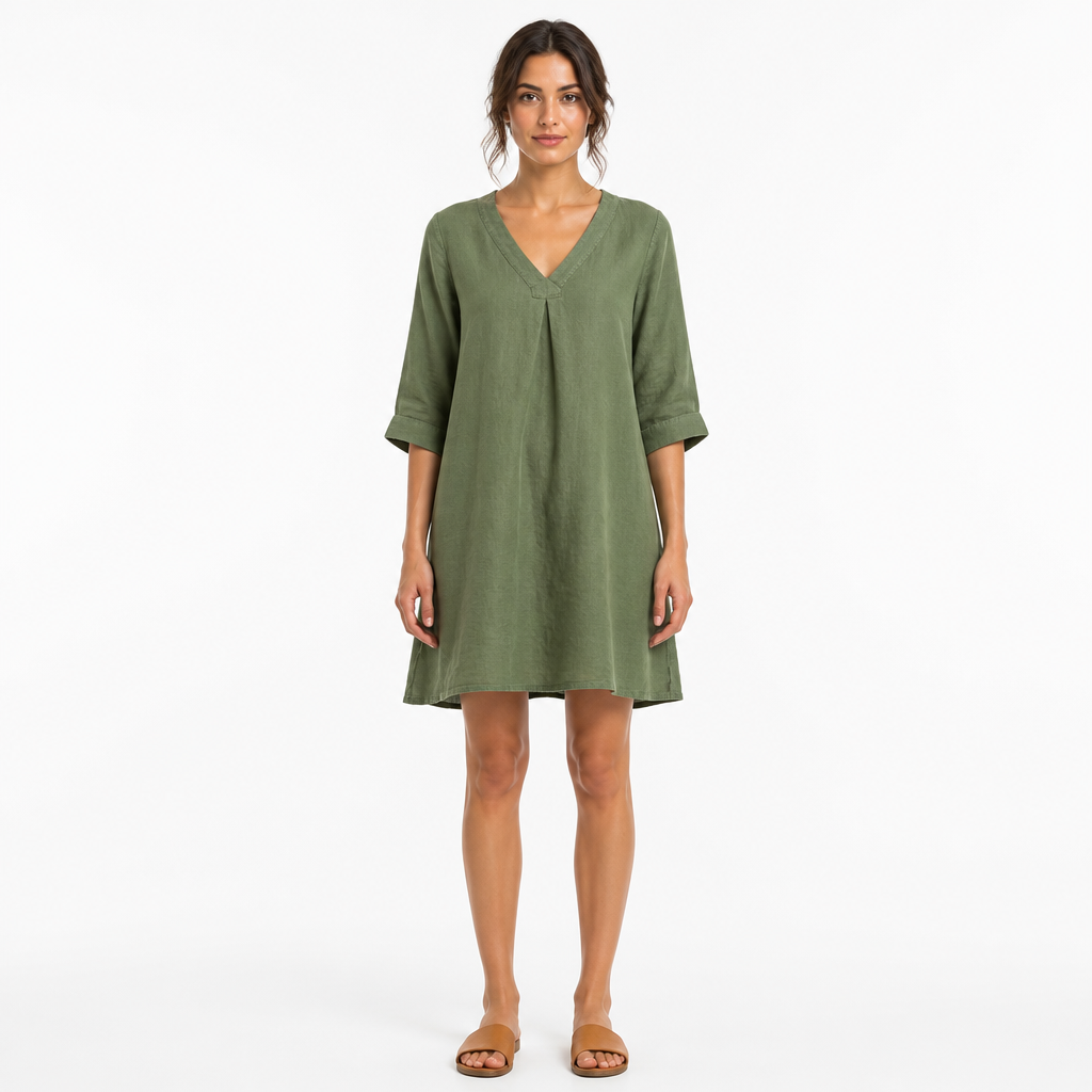 Green vintage cotton linen V-neck mini dress front view