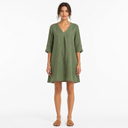 Green vintage cotton linen V-neck mini dress front view