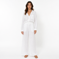 White cotton linen lapel long-sleeve shirt and trouser two-piece set front view