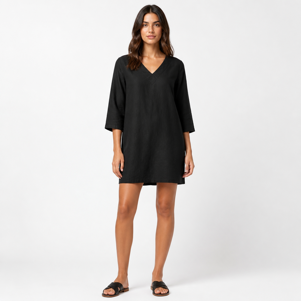Black cotton linen V-neck mini dress front view