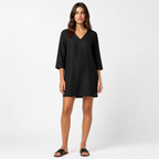 Black cotton linen V-neck mini dress front view