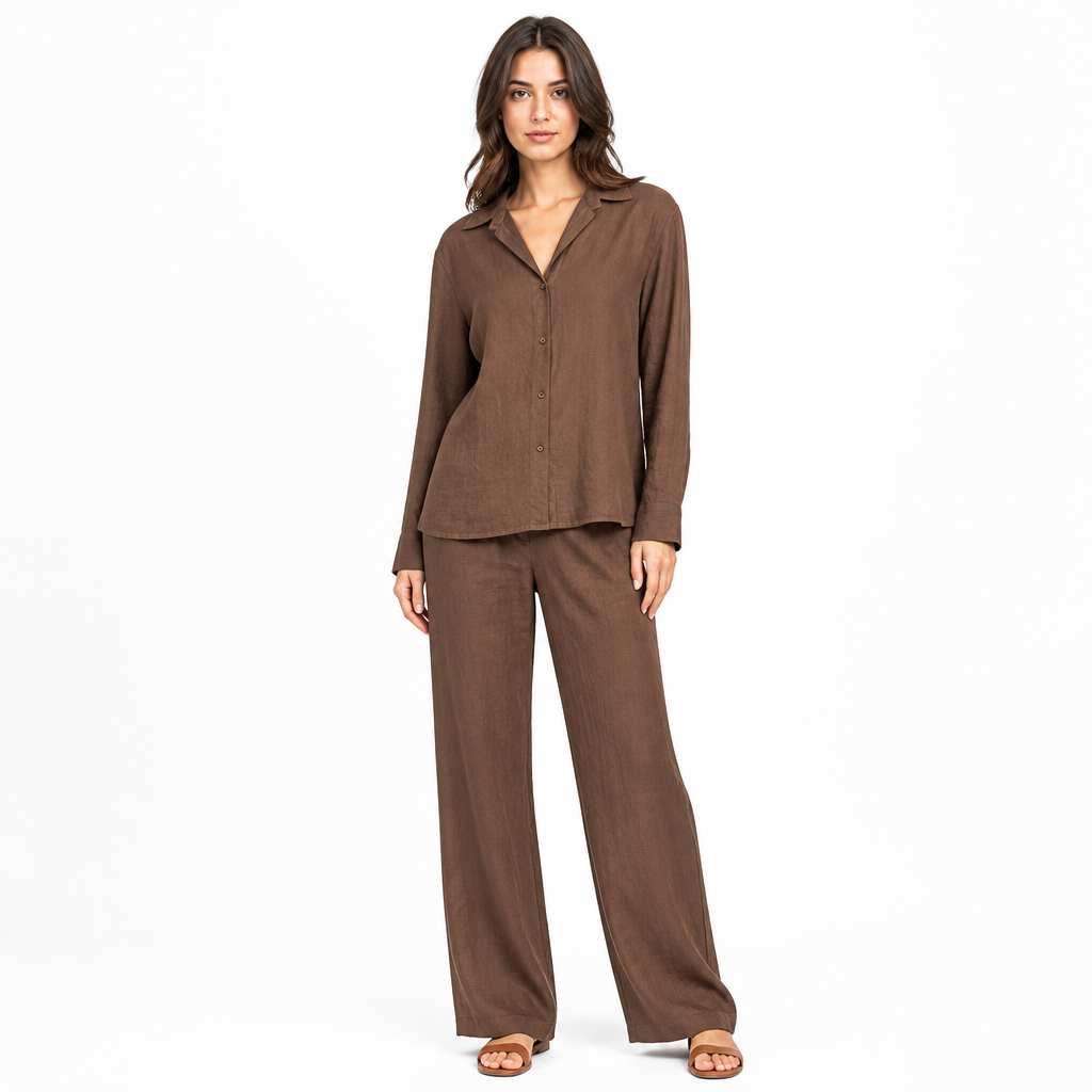 Brown cotton linen lapel shirt and trouser set front view