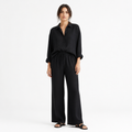 Black cotton linen lapel shirt and trouser set front view