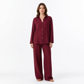 Burgundy cotton linen lapel shirt and trouser set front view