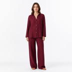Burgundy cotton linen lapel shirt and trouser set front view