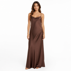 Brown satin spaghetti-strap floor-length maxi dress front view