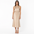 Beige satin O-neck twisted-armhole midi dress front view
