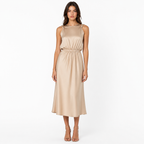 Beige satin O-neck twisted-armhole midi dress front view