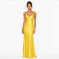 Yellow satin slip V-neck spaghetti-strap floor-length party dress front view