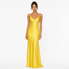 Yellow satin slip V-neck spaghetti-strap floor-length party dress front view