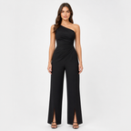 Black one-shoulder ruched wide-leg jumpsuit front view
