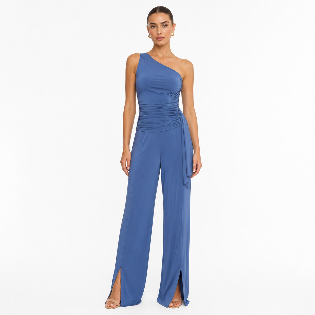 Blue one-shoulder jumpsuit front view