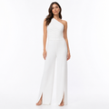White one-shoulder jumpsuit front view