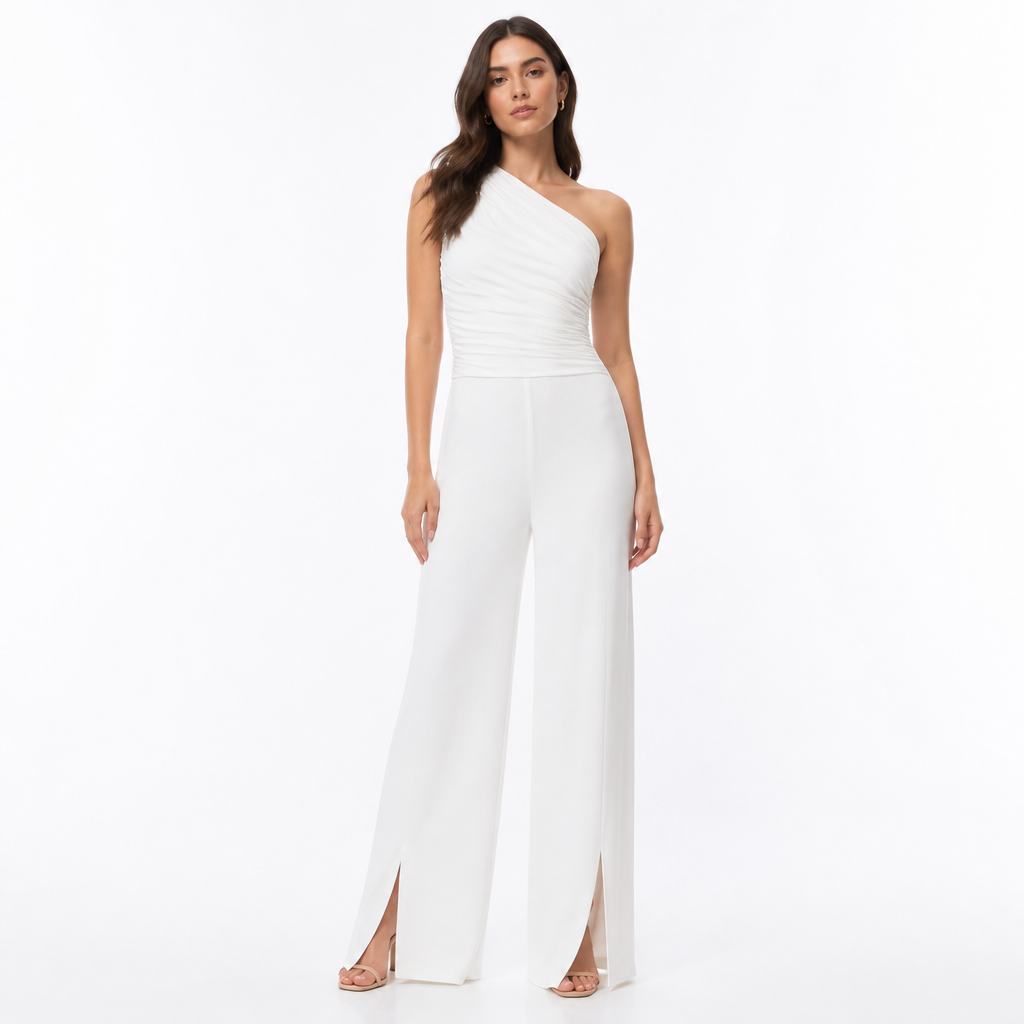 White one-shoulder jumpsuit front view