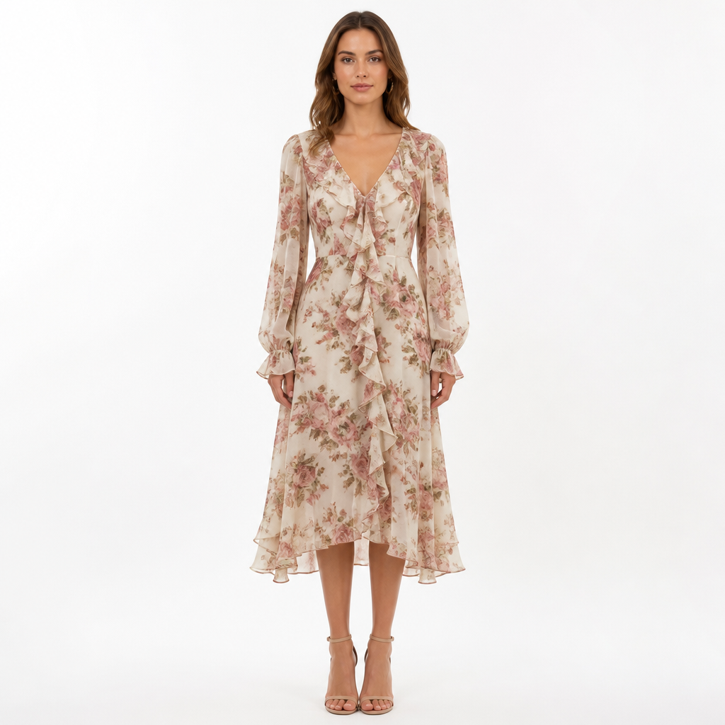 Vintage floral chiffon V-neck cascading-ruffle long-sleeve midi dress front view