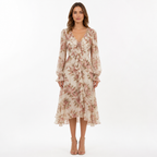 Vintage floral chiffon V-neck cascading-ruffle long-sleeve midi dress front view
