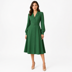 Green notched-lapel long-sleeve A-line belted midi dress front view