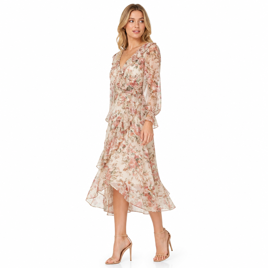 Vintage floral chiffon midi side view