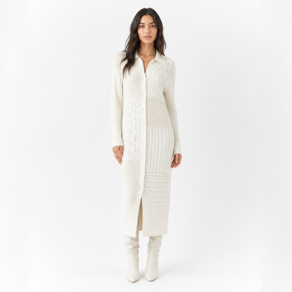 White patchwork knitted long shirt-sweater dress front view