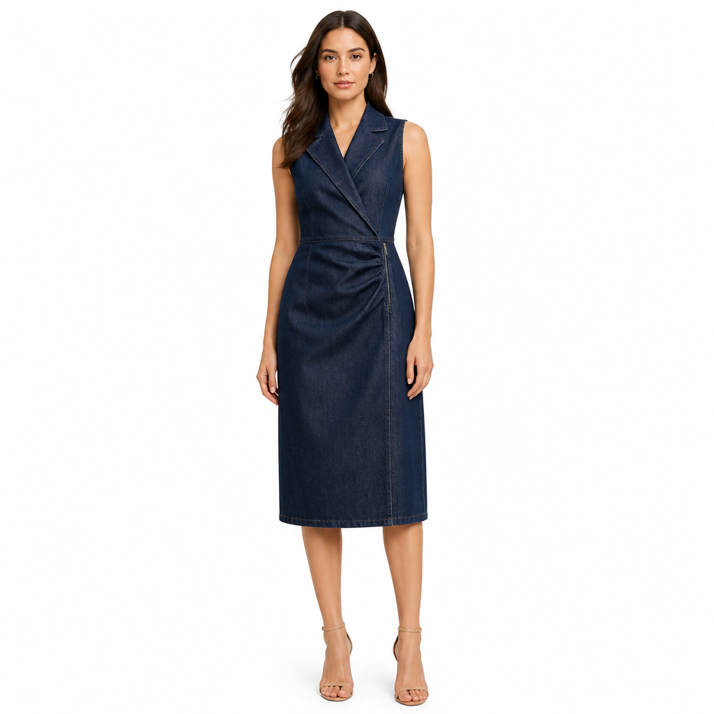 Navy blue denim midi front view