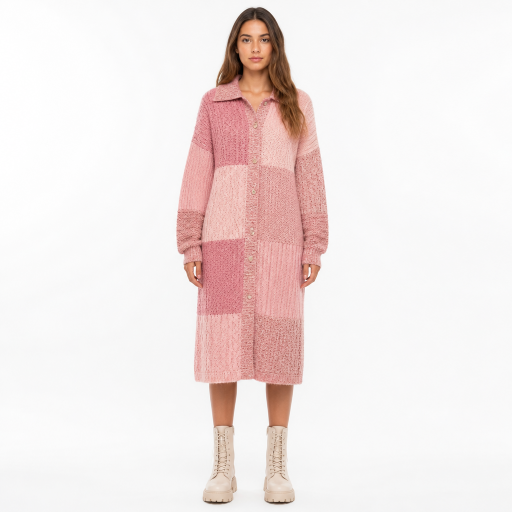 Pink patchwork shirt-sweater dress front view