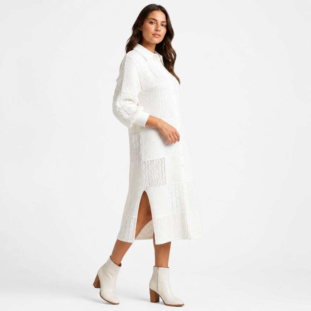 White patchwork shirt-sweater dress side view