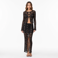Black lace floral cardigan and slim skirt two-piece set front view