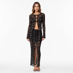Black lace floral cardigan and slim skirt two-piece set front view