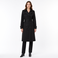 Black British-style double-breasted belted trench coat front view