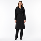 Black British-style double-breasted belted trench coat front view