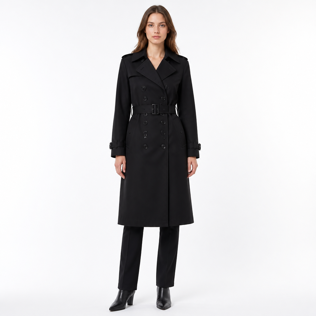 Black British-style double-breasted belted trench coat front view
