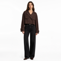 Chocolate brown cropped oversized double-breasted trench coat front view