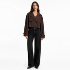 Chocolate brown cropped oversized double-breasted trench coat front view