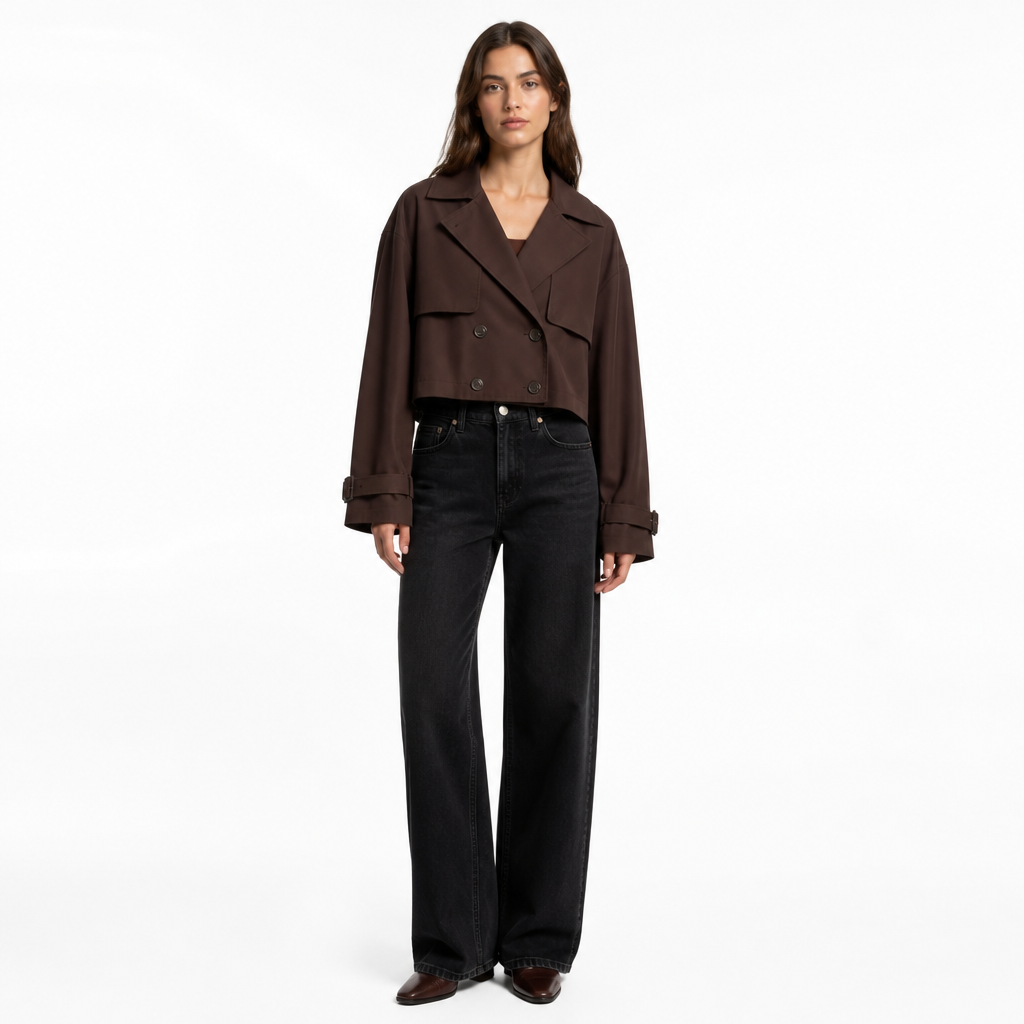 Chocolate brown cropped oversized double-breasted trench coat front view