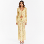 Yellow lace floral cardigan and skirt set, front view