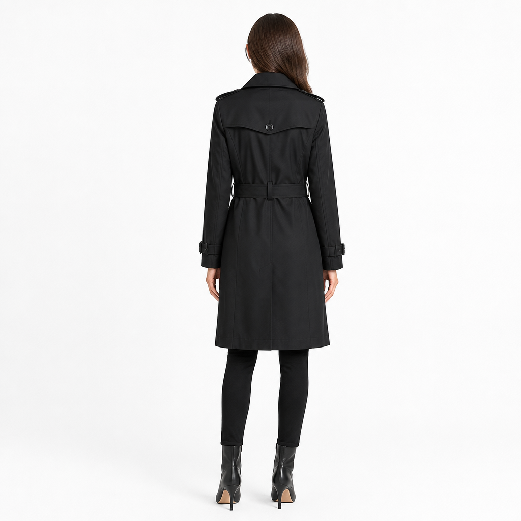 Black double-breasted trench coat, back view