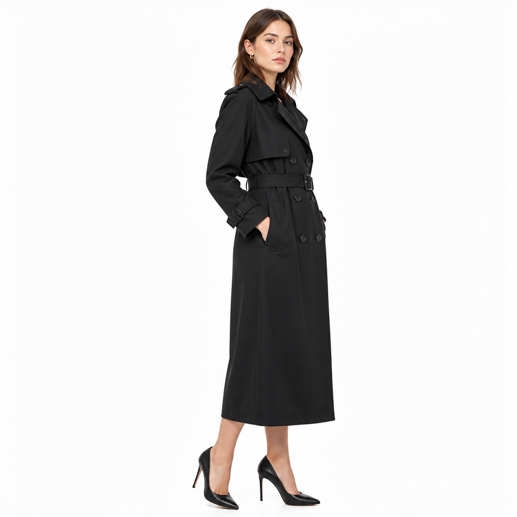 Black double-breasted trench coat, side view
