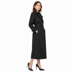 Black double-breasted trench coat, side view