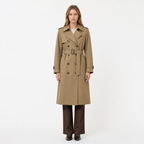 Khaki double-breasted trench coat, front view
