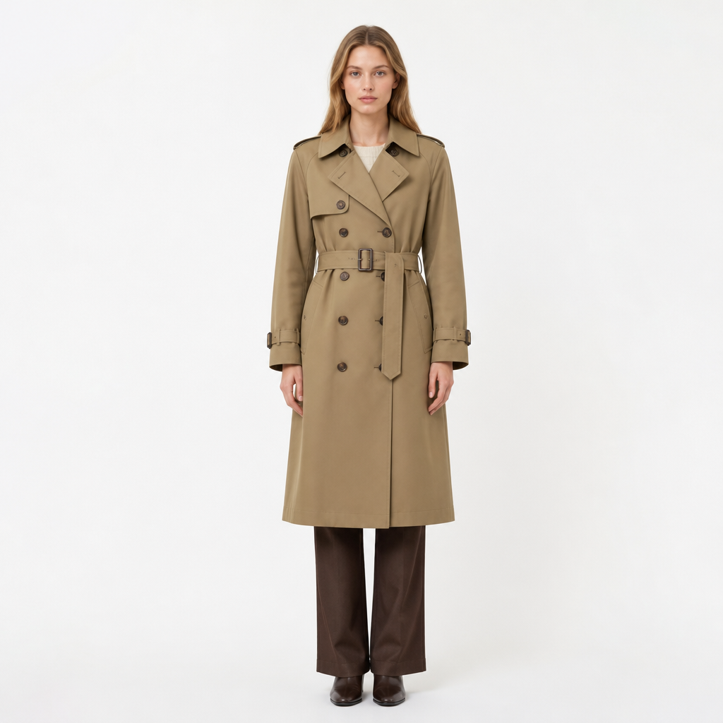 Khaki double-breasted trench coat, front view