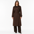 Brown double-breasted trench coat, front view
