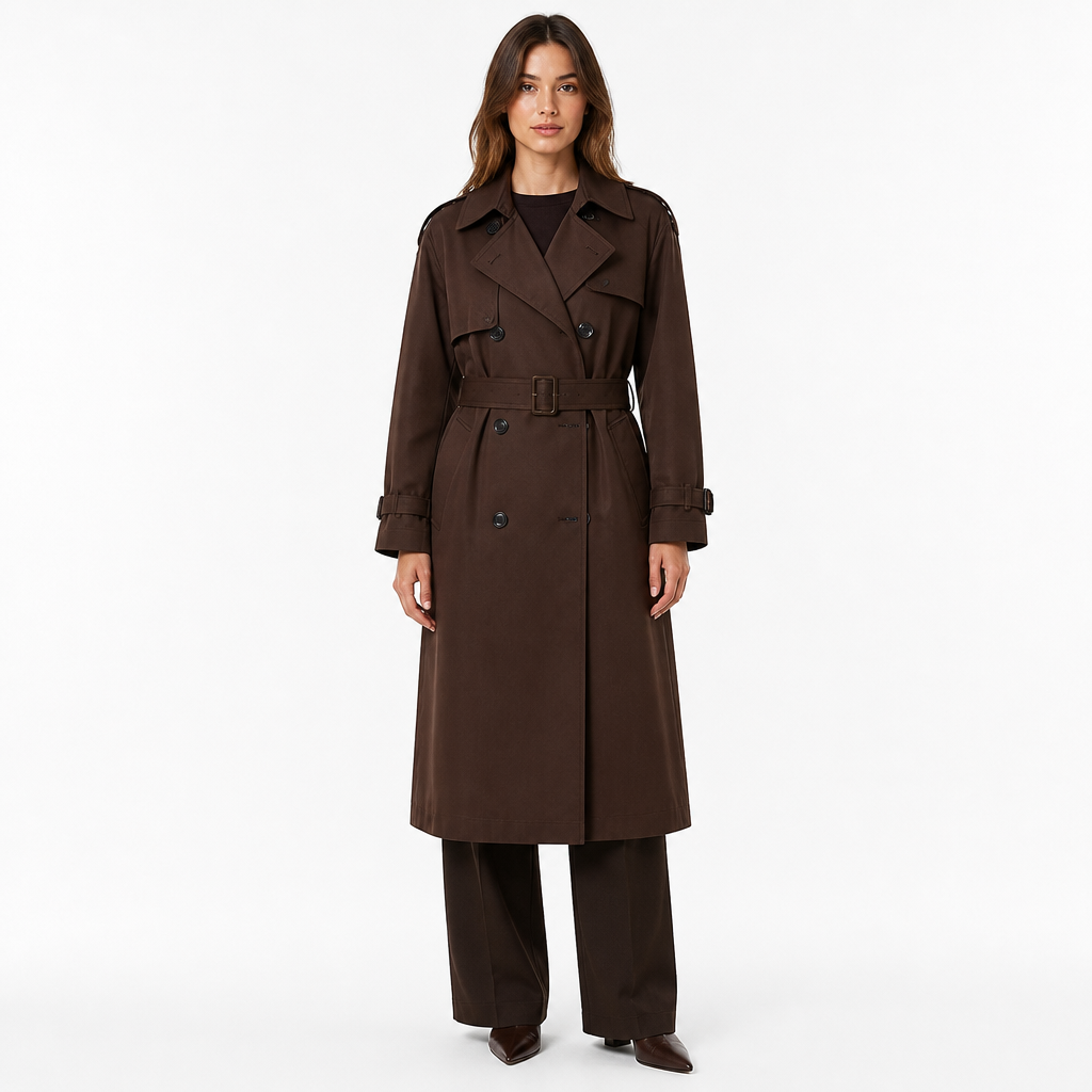 Brown double-breasted trench coat, front view