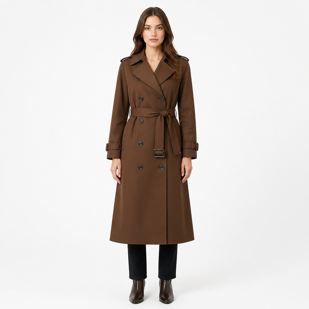 Coffee double-breasted trench coat, front view