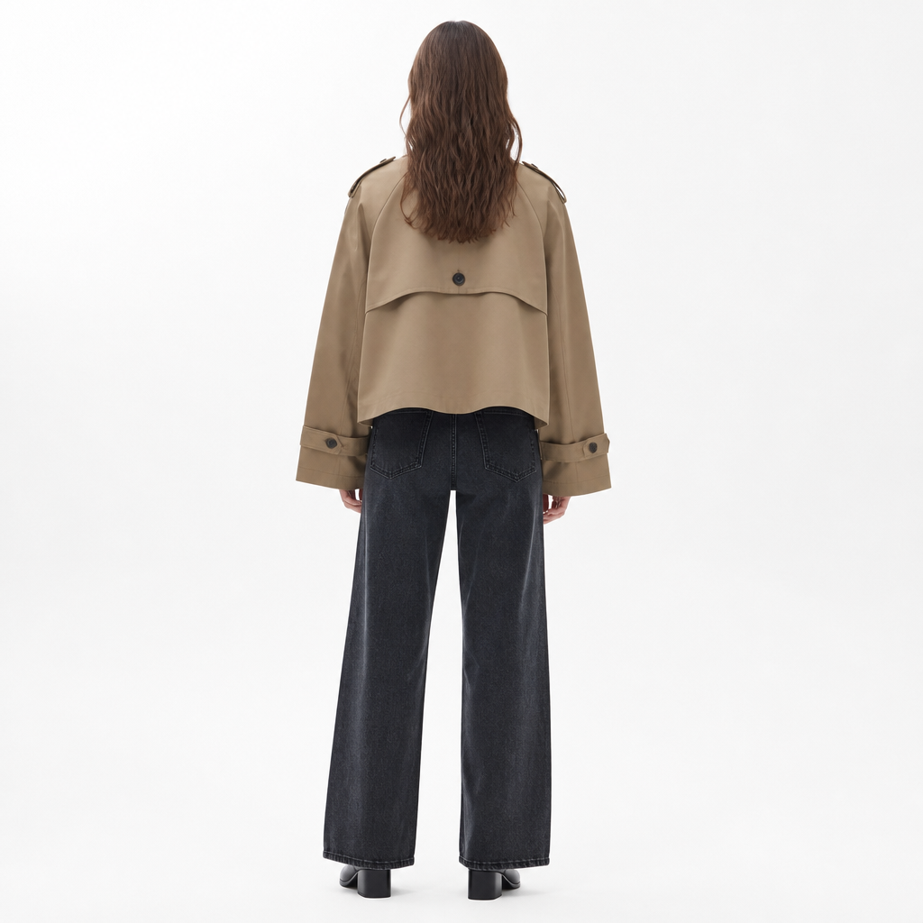 Khaki cropped trench coat, back view