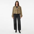 Khaki cropped trench coat, front view