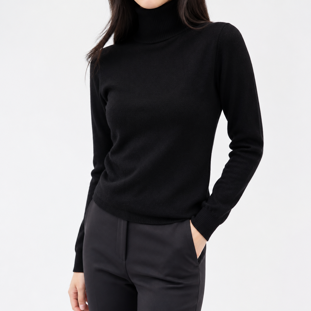 Black turtleneck knit pullover — front view