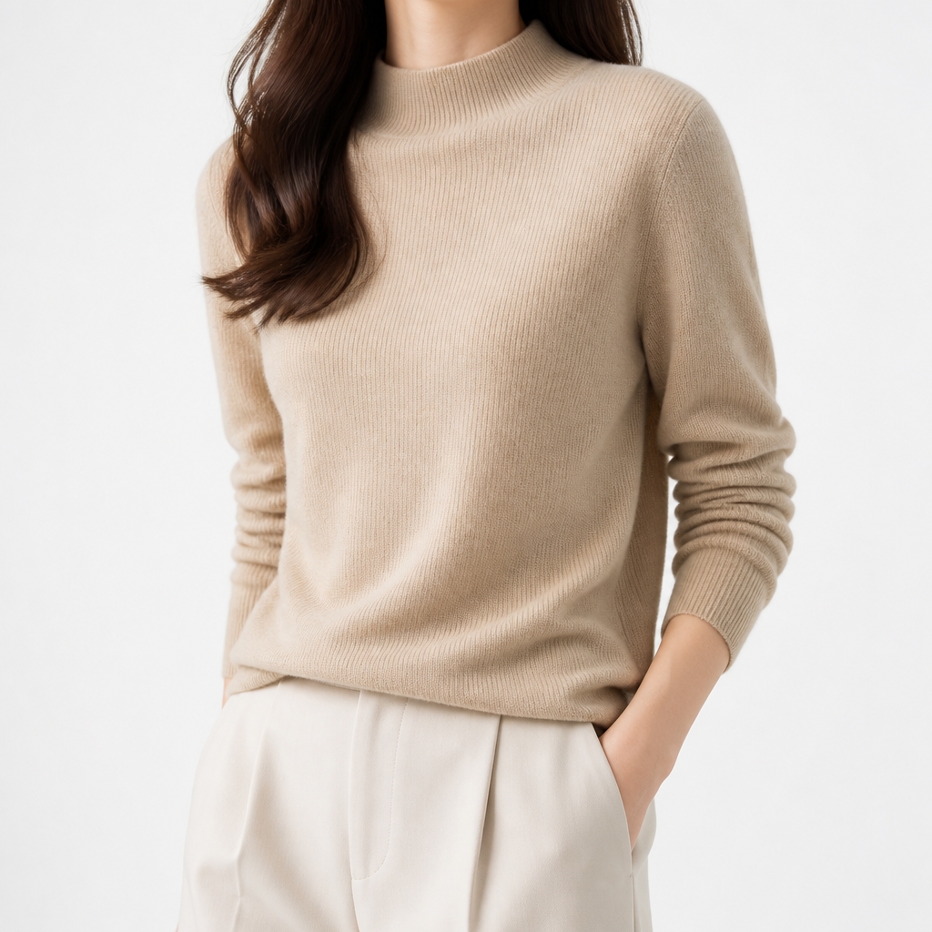 Beige mock-neck knit pullover — front view