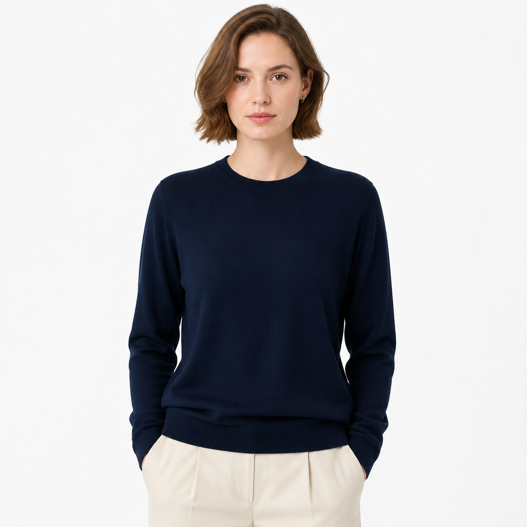 Navy Blue merino pullover — front view