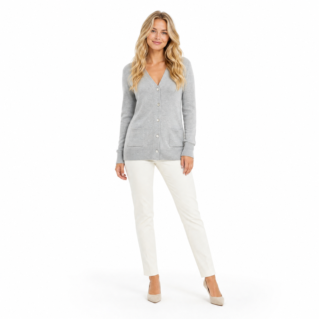 Light Grey Cashmere Single-Breasted Cardigan front view